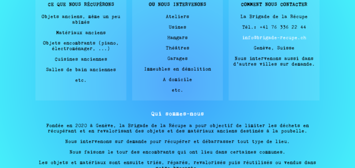 La Brigade de la Récupe - site Internet HTML/CSS, etisse.ch, Webmaster, Genève